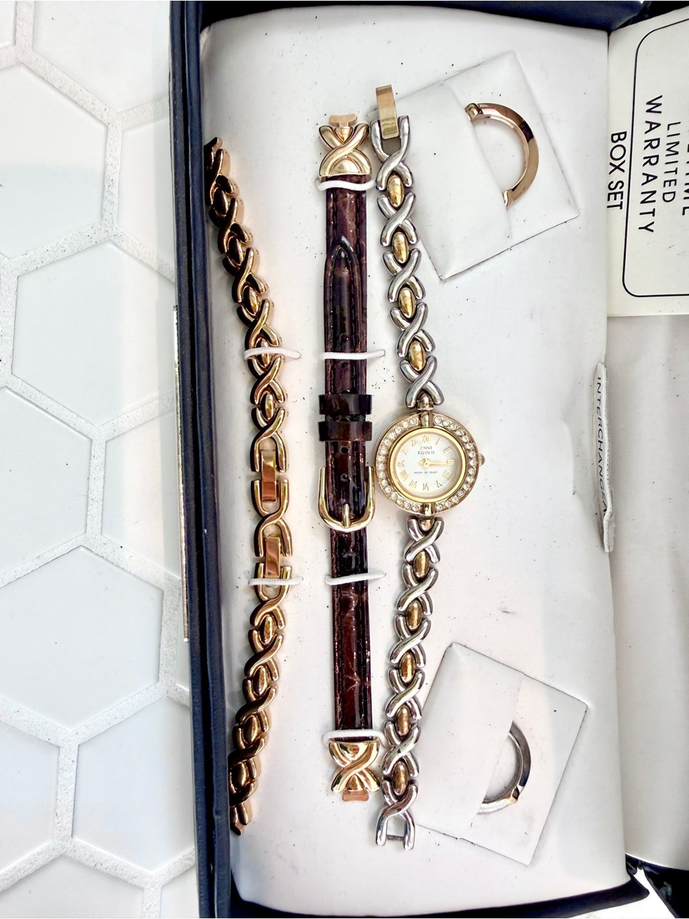 Anne Klein II Two-Tone Chain and Brown Leather Watch Set - Picture 3 of 8